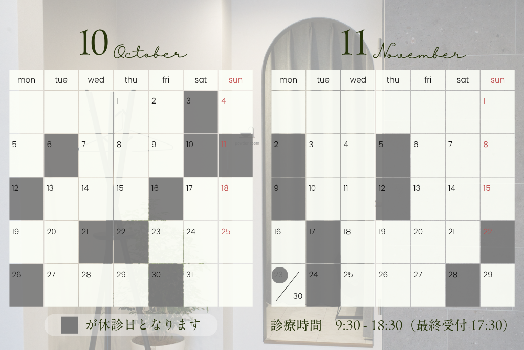 2026年10月・11月の休診日お知らせ